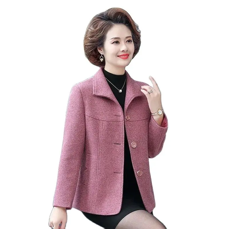 5XL Middle-Aged Elderly Mothers Spring Autumn Woolen Cloth Women Coat Winter New Ladies Lapel Single-Breasted Woolen Jacket