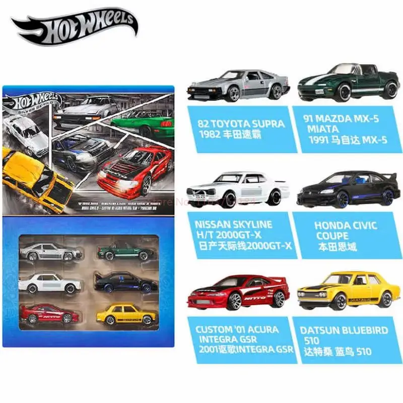 Hot Wheels originales 2025 JBY78 etiqueta plateada 6 uds Nissan Skyline Datsun Acura coche pequeño de aleación 1/64 coches fundidos a presión juguetes de escritorio regalos