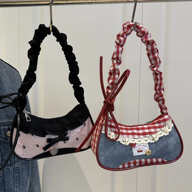 Красная клетчатая сумка Y2k подмышки, плиссированная сумка на плечо, корейская сумка в стиле пэчворк с бантиками, милая сумка через плечо, милая сумка с нитью для женщин