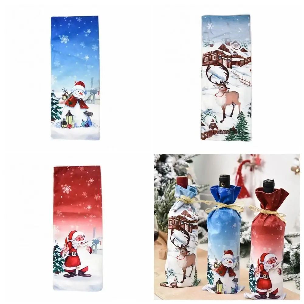 Painted Handmade Wine Bottle Cover Reuseable DIY Drawstring Candy Bag Elk Snowman Champagne Bottle Cover Christmas Decor