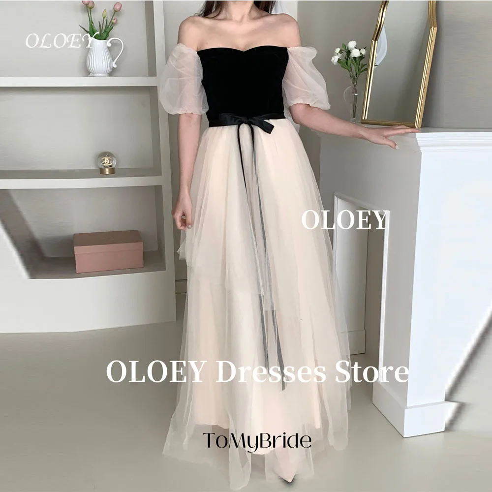 

OLOEY Contrast A Line Evening Party Dresses Korea Photo shoot Wedding Sweetheart Velvet Black Tulle Puff Sleeves Customized