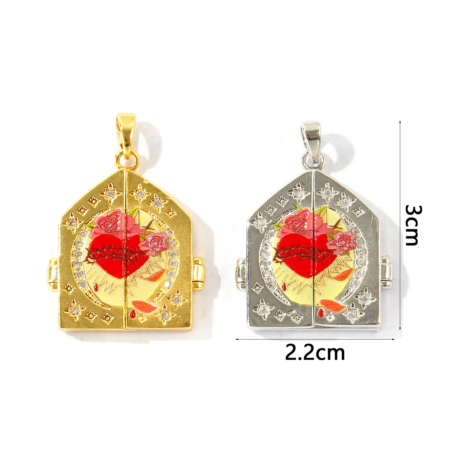 1pc Brass Picture Photo Locket Frame Pendants House Red Heart Can Open Clear Cubic Zirconia Charm DIY Necklace Wholesale 3X2.2cm