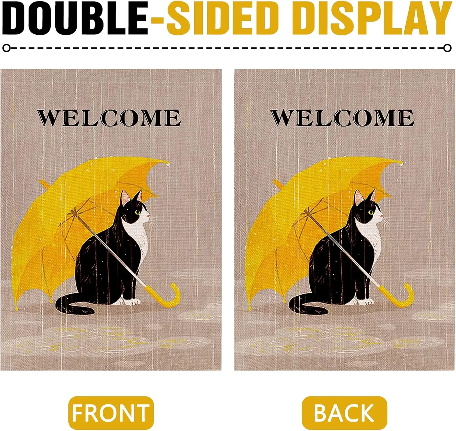 Welcome Spring Summer Tuxedo Cat 12x18in House Flag Double Sided, Pet Yellow Umbrella Garden Yard Decorations Cat Lover