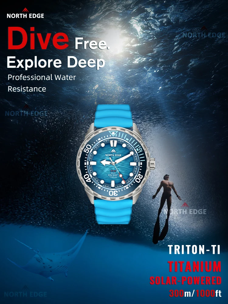 NORTH EDGE TRITON-TI Titanium RVS Zonne-aangedreven Duikhorloge Luxe Quartz Horloges voor Heren 300M Waterdicht 180+ Dagen Accu - afbeelding 2