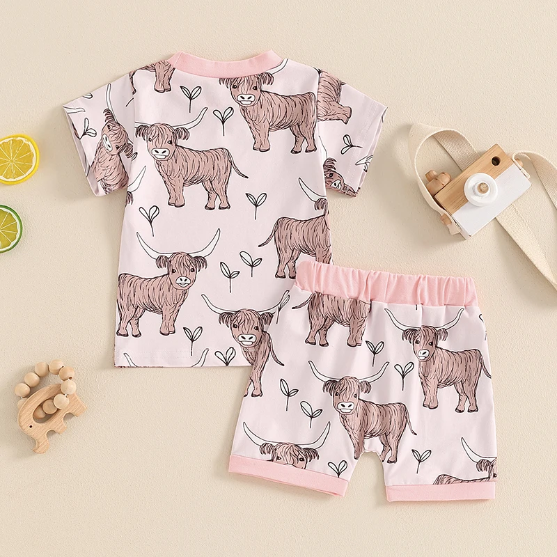 2024-04-03 Lioraitiin Toddler Boys Girls Summer Outfits Western Cow Print Short Sleeve T-Shirts Tops and Shorts 2Pcs Clothes Set