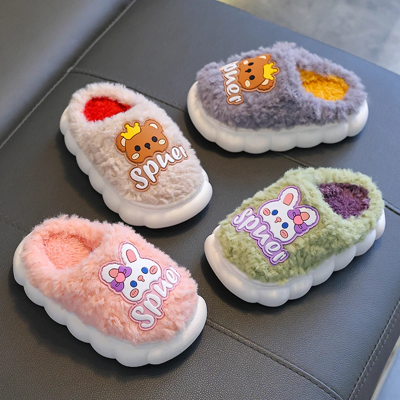 New Winter Cute Rabbit Bear Children\'s Warm Non-slip Plush Slippers For Girls Boys Home Indoor Fluffy Mule Kids Cotton Shoes