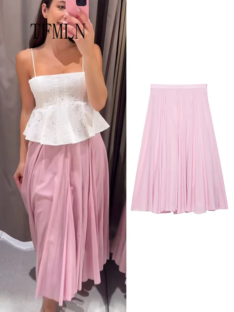 TFMLN 2025 Zomer Vrouwen Roze Geplooide Rokken Mode Causale Maat Rits Plooien A-lijn High Street Rokken Zoete Dames Party Rok