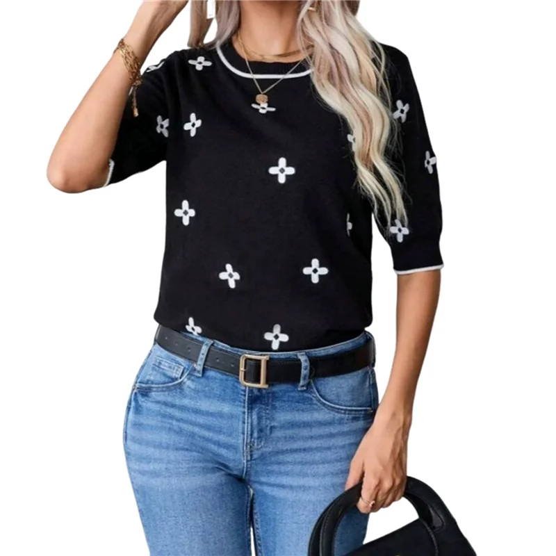 ABRT-Tops de verano para mujer, suéteres de manga corta informales elegantes, Tops de punto con cuello redondo, blusa holgada, camisas básicas