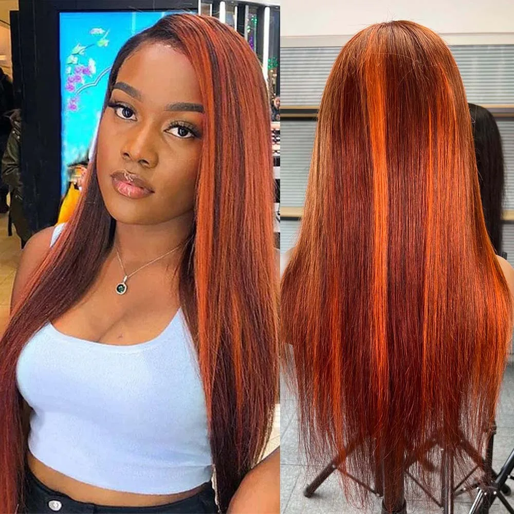 13X6 13X4 Highlight 4/350 Brown Ginger Orange Color Transparent Lace Frontal Human Hair Wigs Straight Lace Front Wig For Women