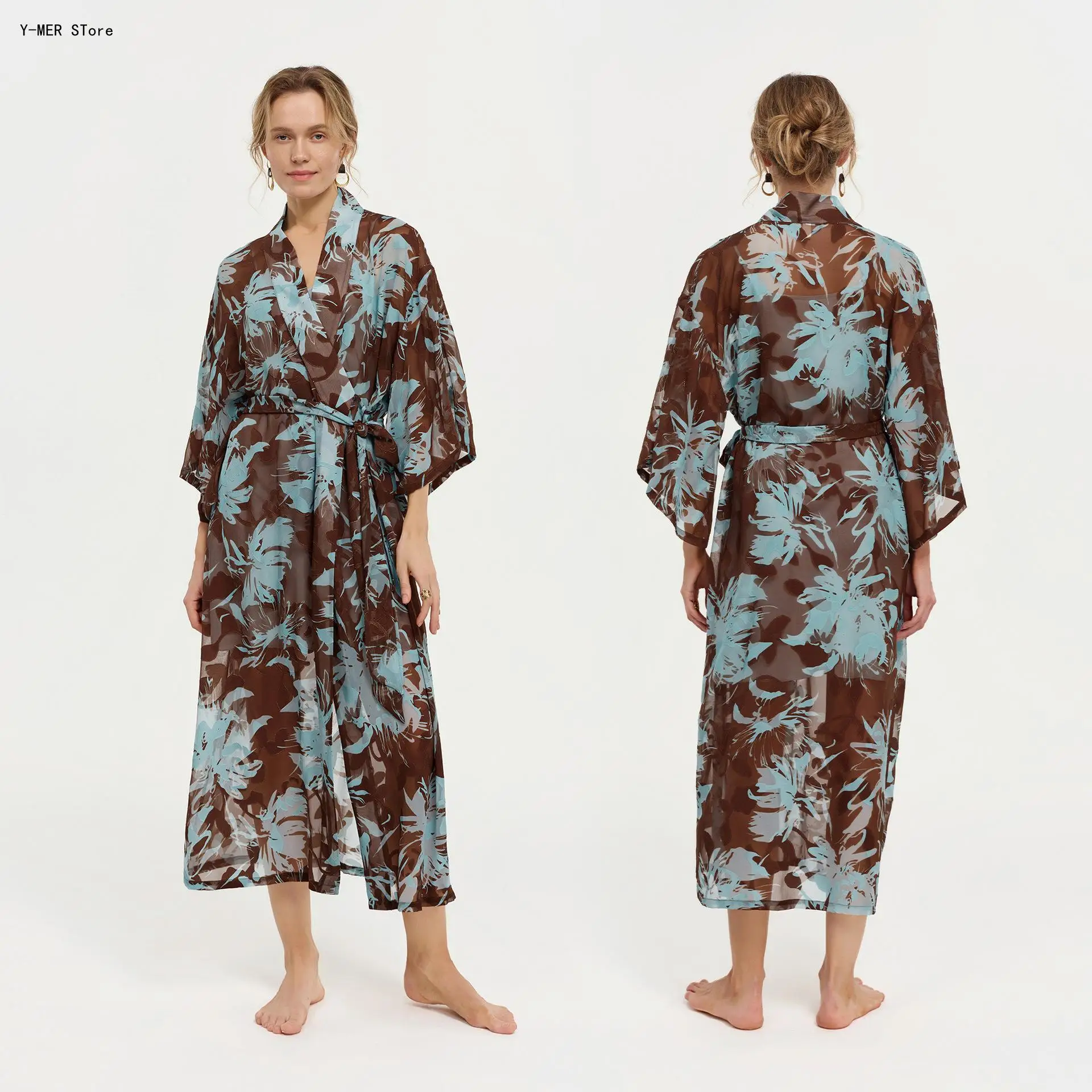 Women Luxe Floral Print Kimono Robe Lace-Up Loose Comfy Bathrobe Dressing Gown Home Wear Night Sleepwear