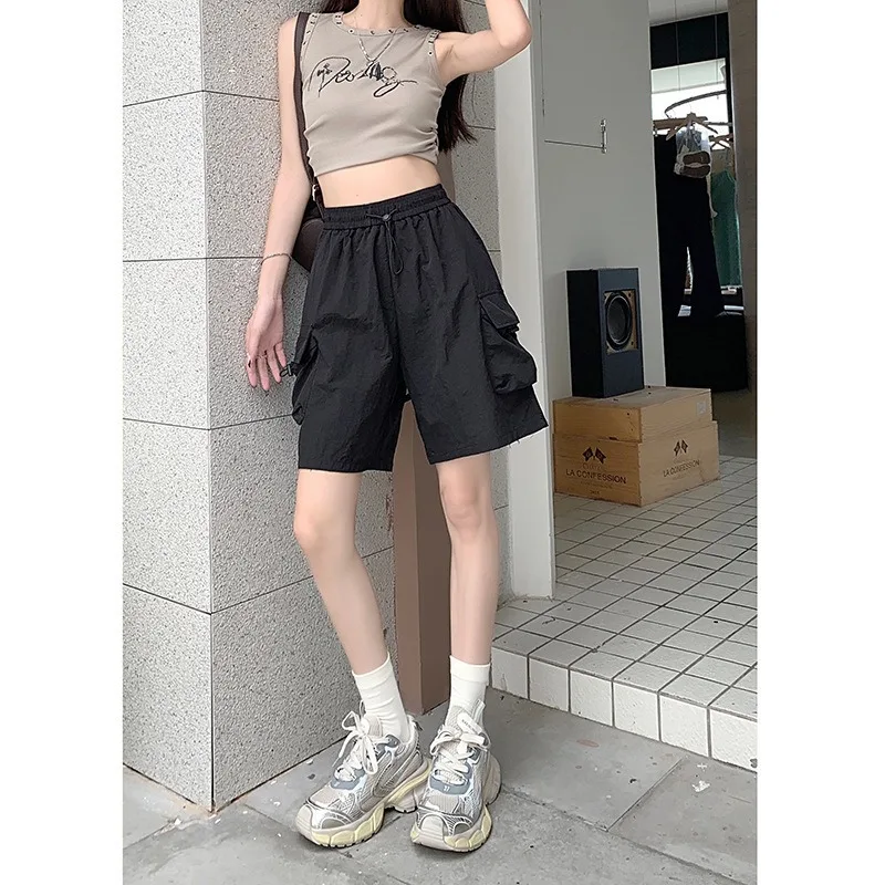 Women Summer Elastic Waist Drawstring Cargo Shorts Lady Student Loose Casual Pants Woman Outdoor Sports Pants Teen Girls Casual
