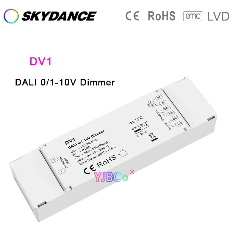 Skydance 110V 220V AC 1CH*20mA Single color LED strip DT5 DALI 0-10V /1-10V Dimmer DV1 rated relay output monochrome controller