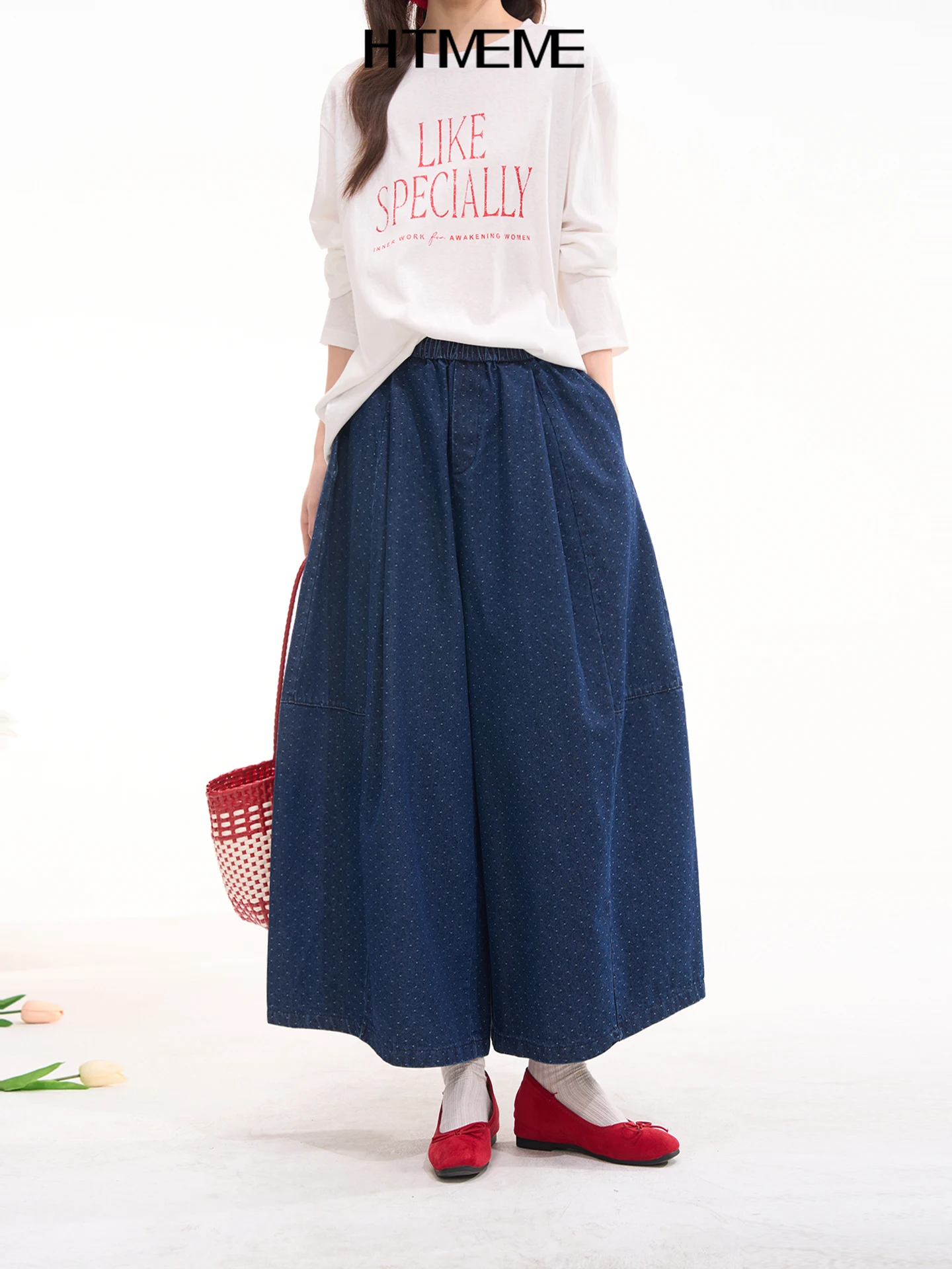 

Wild Field Wind Vintage Polka Dot Wide Leg Casual Jeans Women's Spring Summer Floral Field Window Heme Loose Fit Natural Wais...