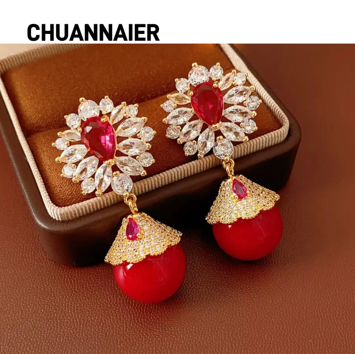 

Zircon flower glass bead pendant earrings, luxurious and high-end earring, French retro style earring