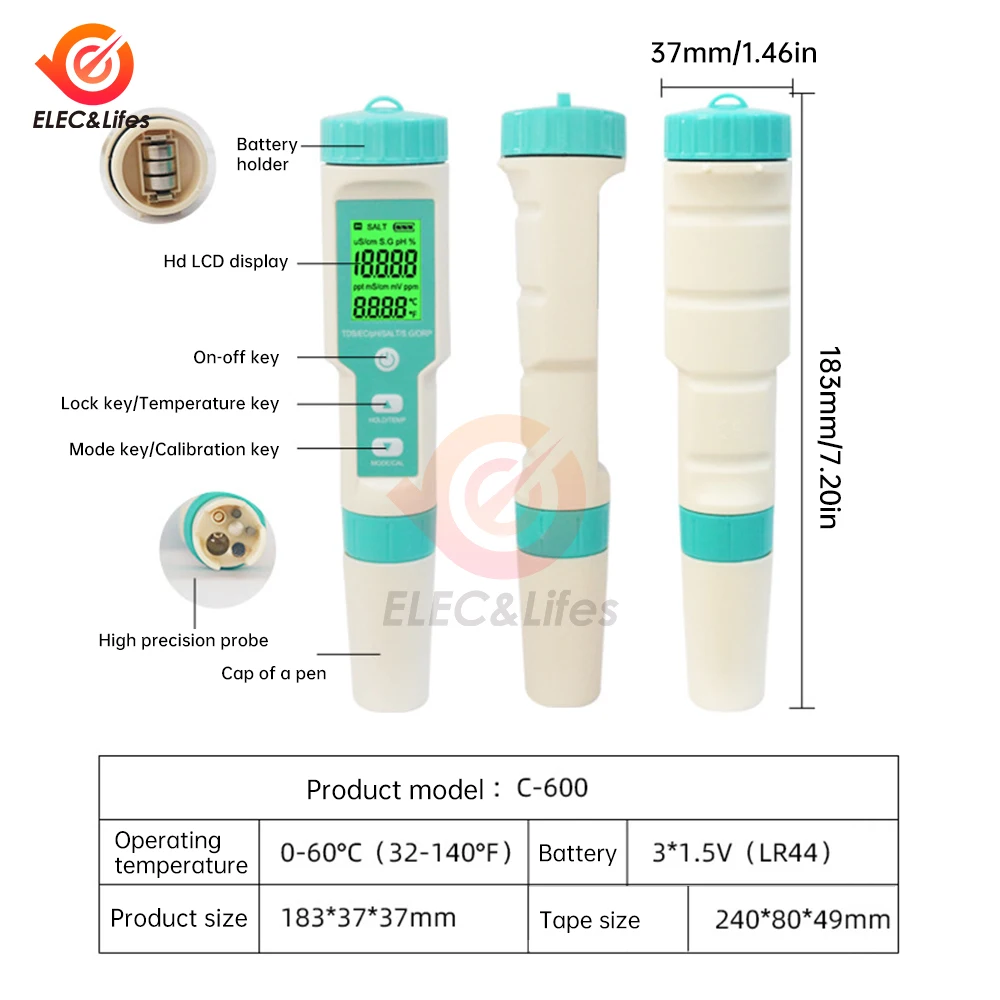

7 in 1 PH Meter TDS/PH/EC/SALT/S.G/ORP/Temperature Meter With LCD Backlight Digital Water Quality Monitor Tester for Aquarium