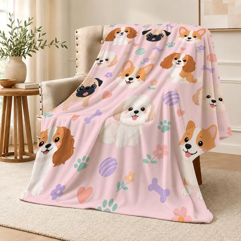 Cute Puppy And Bone Pet Cartoon Pattern Aesthetic Throw Soft Flannel Throw Blanket for Couch Bed Sofa Warm Cozy All Season