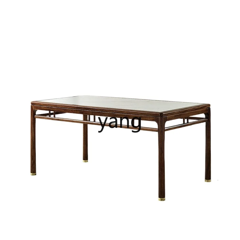 

lmm New Chinese Style Black Walnut Wood Rock Plate Dining Table Simple Solid Wood Dining Table and Chair Set for Home Use