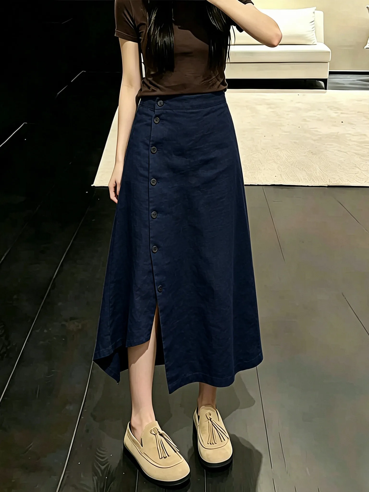 Outlet Unique Asymmetrical Midi Skirt Women's Fashion Summer High Waist A-Line Loose Fit Rigid Material Lenzing Fiber