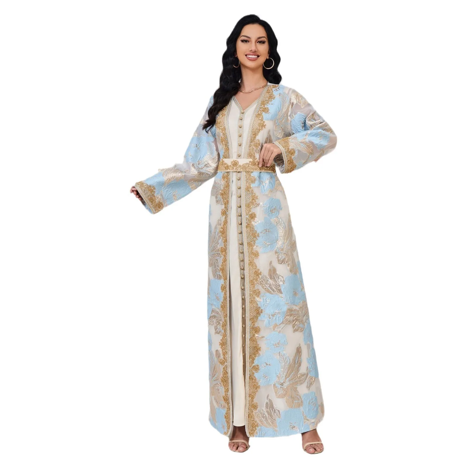 Moroccan Caftan 2 Pieces Set Muslim Dubai Abaya Kaftan For Wedding Women\'s 2024 New Flower Pattern Museum Long Dress Clothing