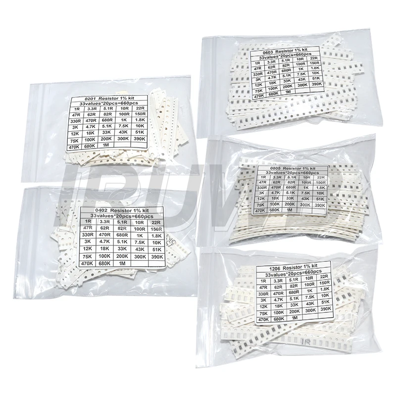 660pcs 1% SMD Chip Resistor Assorted Kit 0603 0805 1206 0402 0201 1R - 1M ohm 33valuesX20pcs Resistance Sample Set