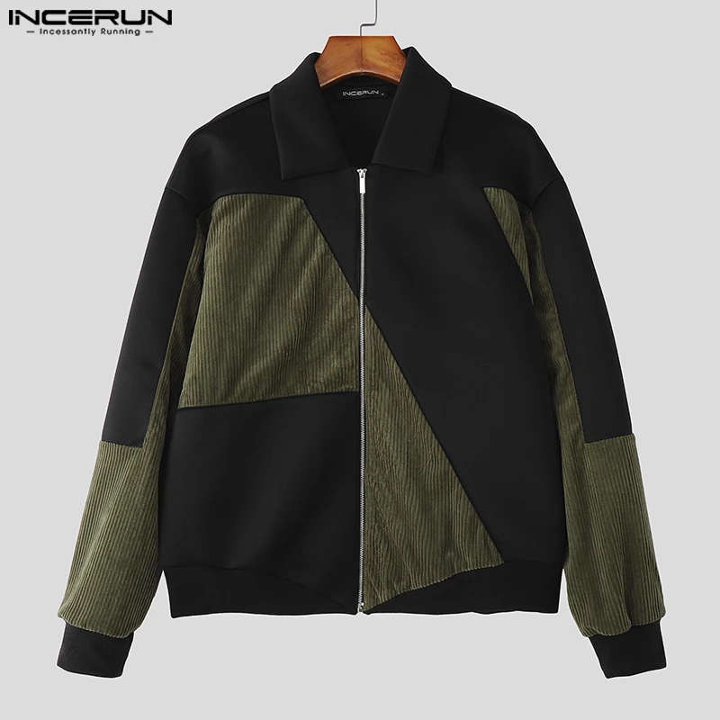

INCERUN Men Jackets Patchwork Lapel Long Sleeve Zipper Casual Male Coats Streetwear Loose 2025 Fashion Outerwear Jackets Men