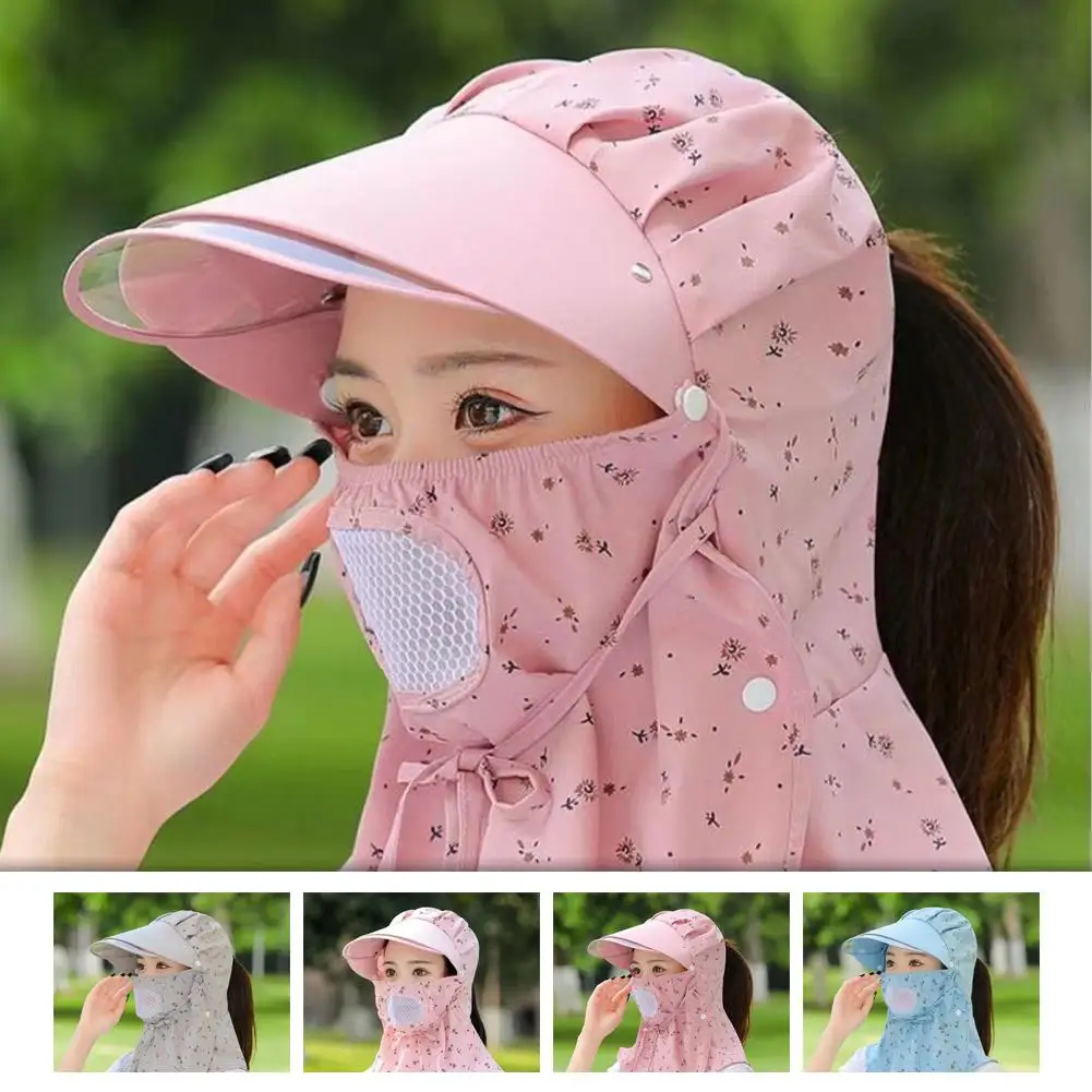 Summer Ice Silk Hats For Women With Mask Windproof Visor Sun Protection Anti-UV Mesh Breathable Outdoor Cycling Sun Caps J7Y0