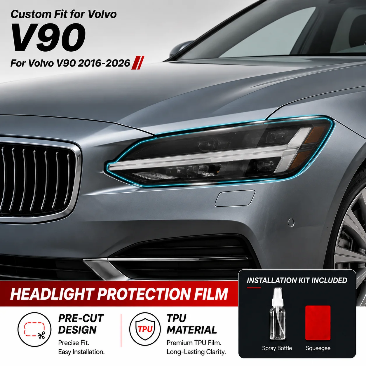 For Volvo V90 2016-2026 Headlight Protective Film Pre-Cut Smoke Black TPU PPF Vinyl Wrap Protective Kit