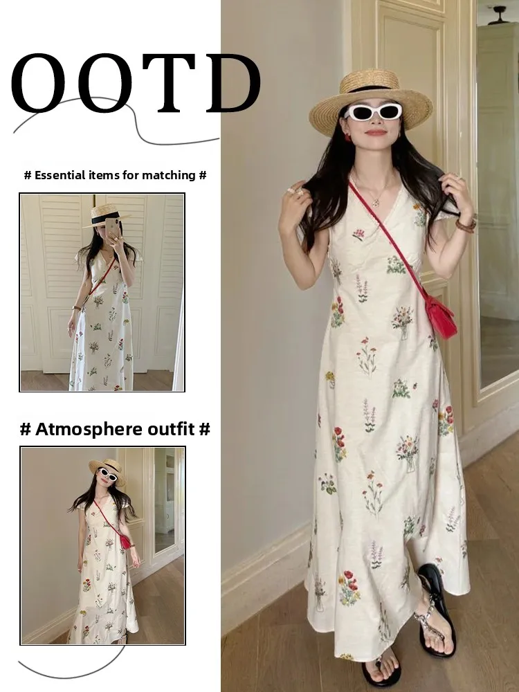 Stunning Floral Summer Dr Women's Unique Small Flng Sve High Waist Slimming Long Dr Commute Sle Polyester Fiber