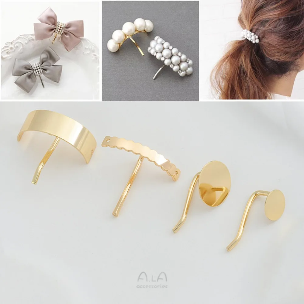 

14K Gold Color Double Hole Curved Pony Hook Hair Fork DIY Disc Hair Plug Hair Card Head Flower Bottom Support Accessories