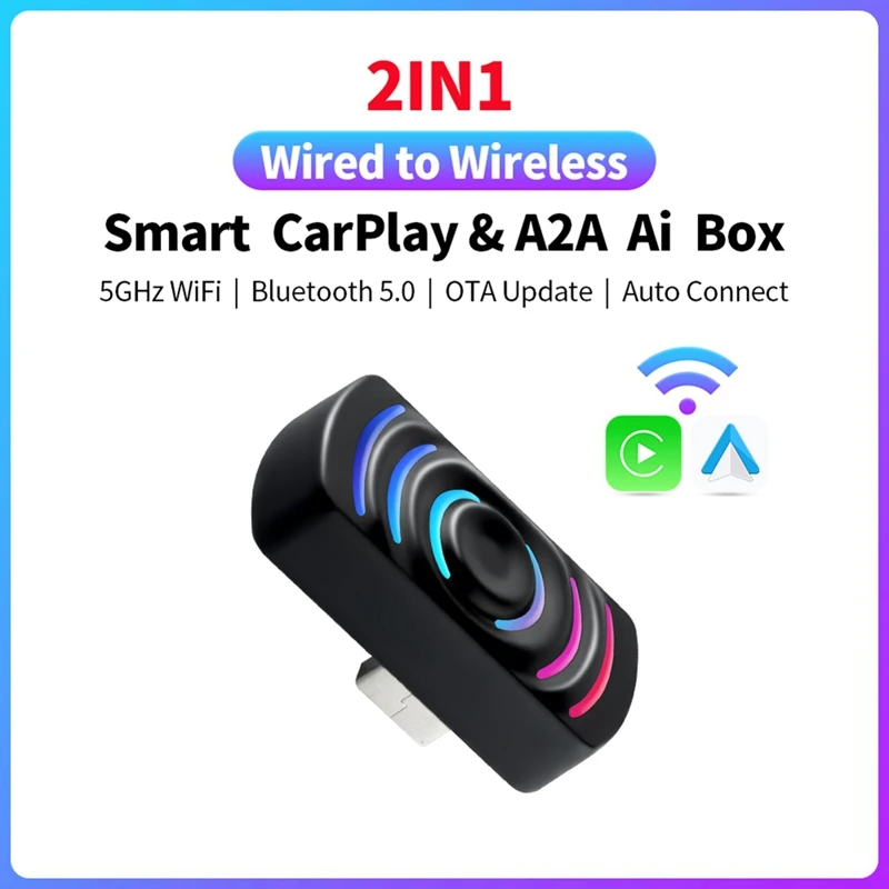 محول Android Auto Carplay سلكي إلى صندوق AI الذكي اللاسلكي مع ضوء RGB للسيارة مع Carplay السلكي