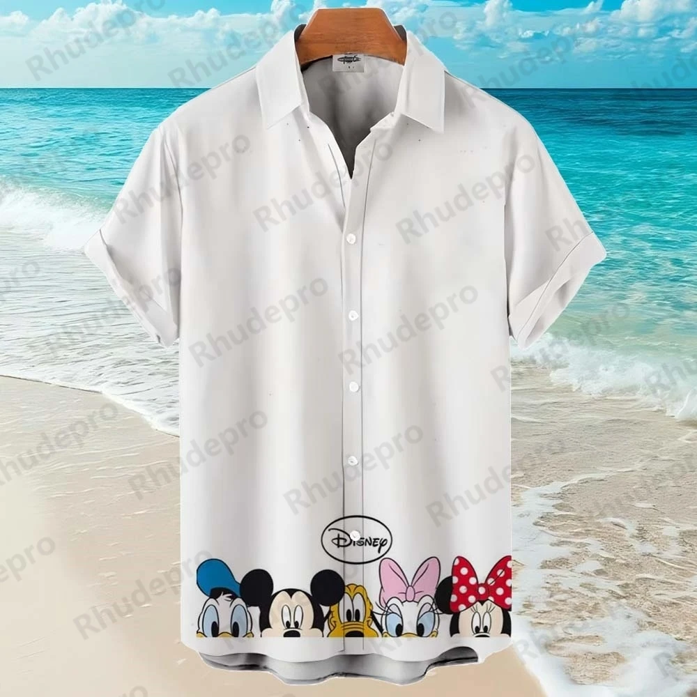 Disney 2025 Mickey Mouse Cartoon Summer Superhero Men's Short Sleeve Funny Print Casual Hawaiian Shirts Lapel Tops Shirts Loose
