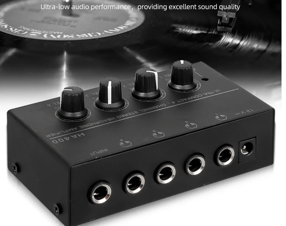 Ha400 Mini Amplifier Headphone Amplifier 4 Channels Ultra-Compact Stereo Audio Amplifier Earphone Amplifier with Power Adapter