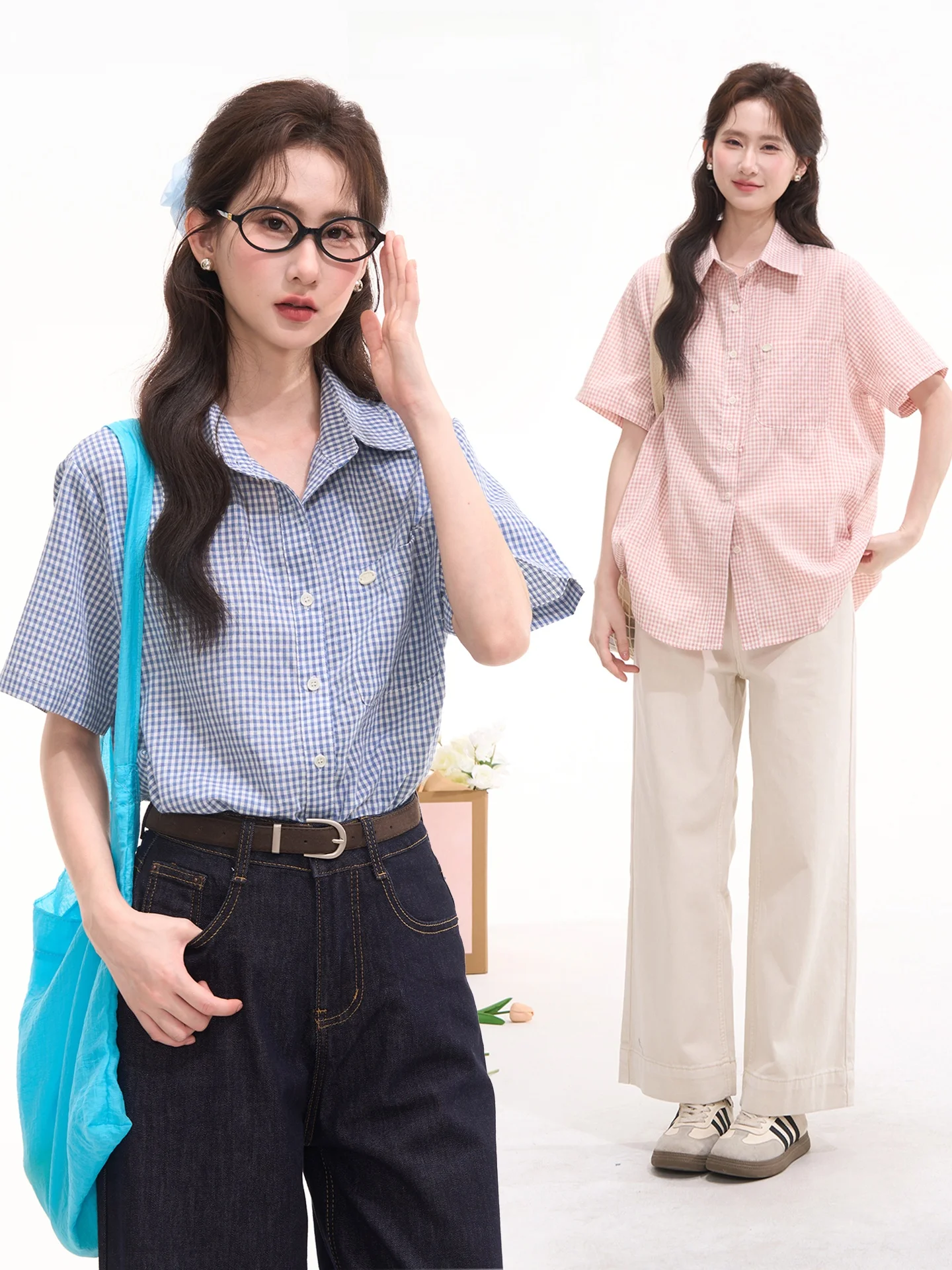 

Gentle Girl Check Design Short Sleeve Shirt Casual Commute Spring Summer Women's Cotton Flannel Shirt Loose Fit Style