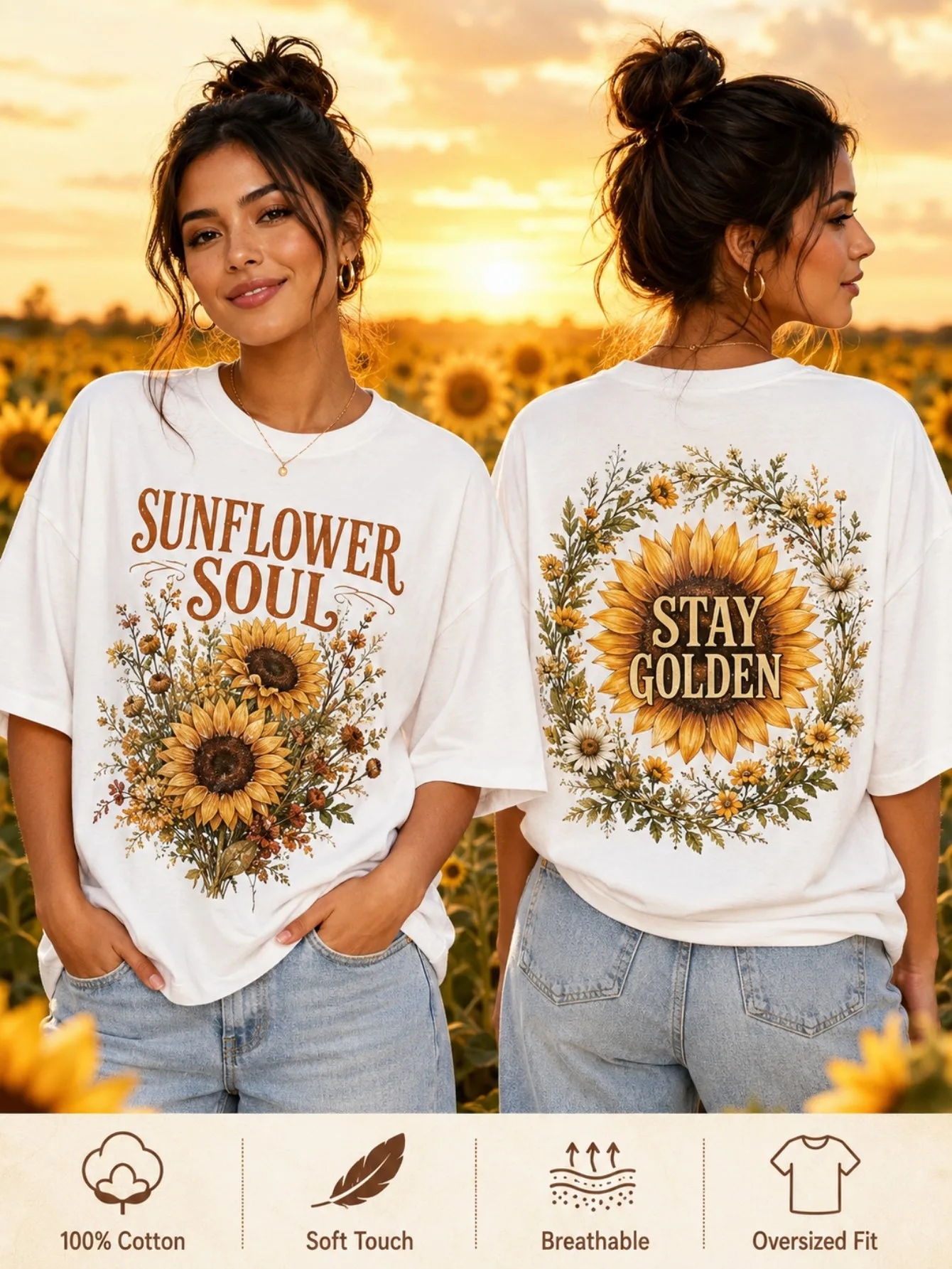 Sunflower Daisy Bouquet Double-sided Printed Loose Round Neck Short-sleeved Women's Pure Cotton T-shirt, Retro Pastoral Casual Style, Suitable for Spring and Summer Daily Travel and Vacation Wear