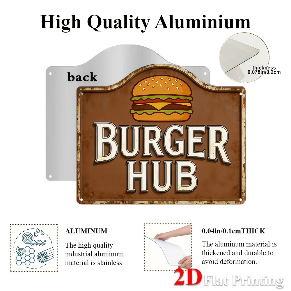 2D Flat - 1pc, Featuring A Vintage 'Burger Hub' Art Print With A Hamburger Illustration, Ideal For Decorating Kitchens, Bars