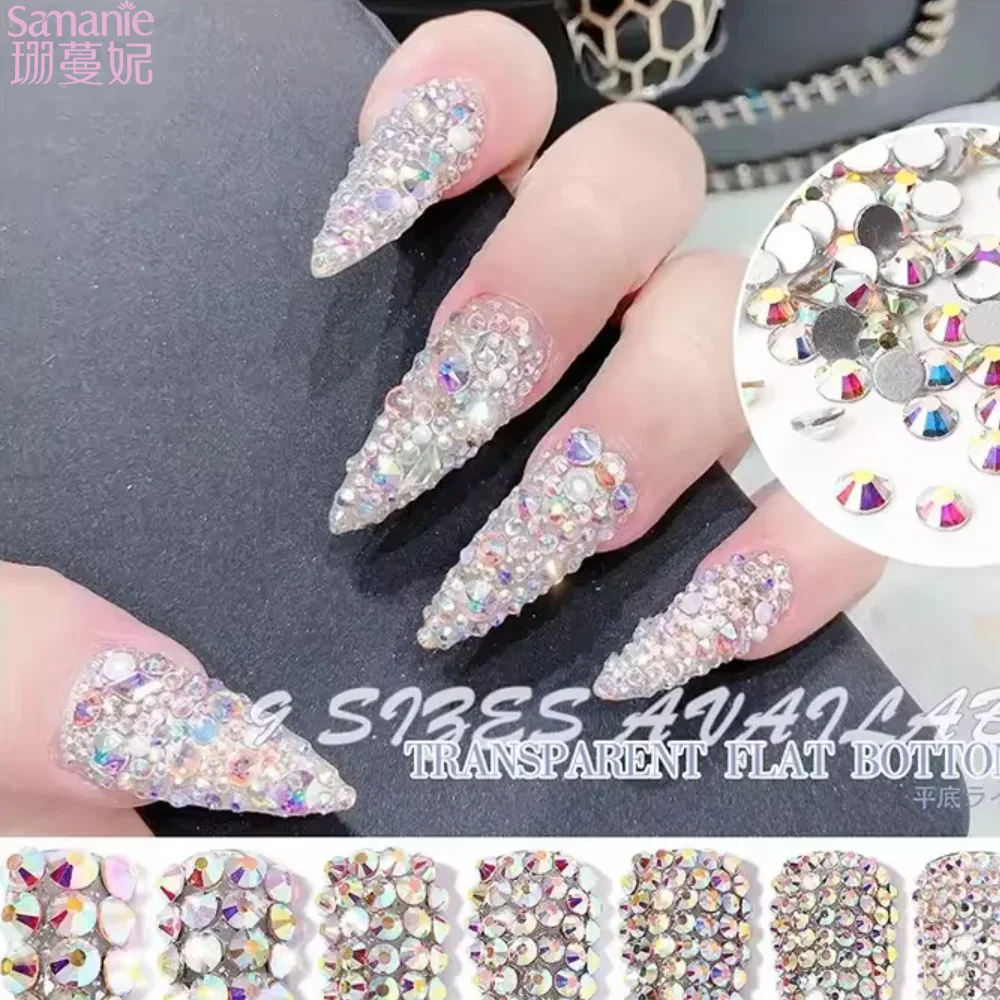 12Grids SS6-SS30 Mixed Nail Rhinestones Shiny Clear/Gold/Pink/Blue Diamond Flat-back Nail Gems Glass Stones Nails Decoration