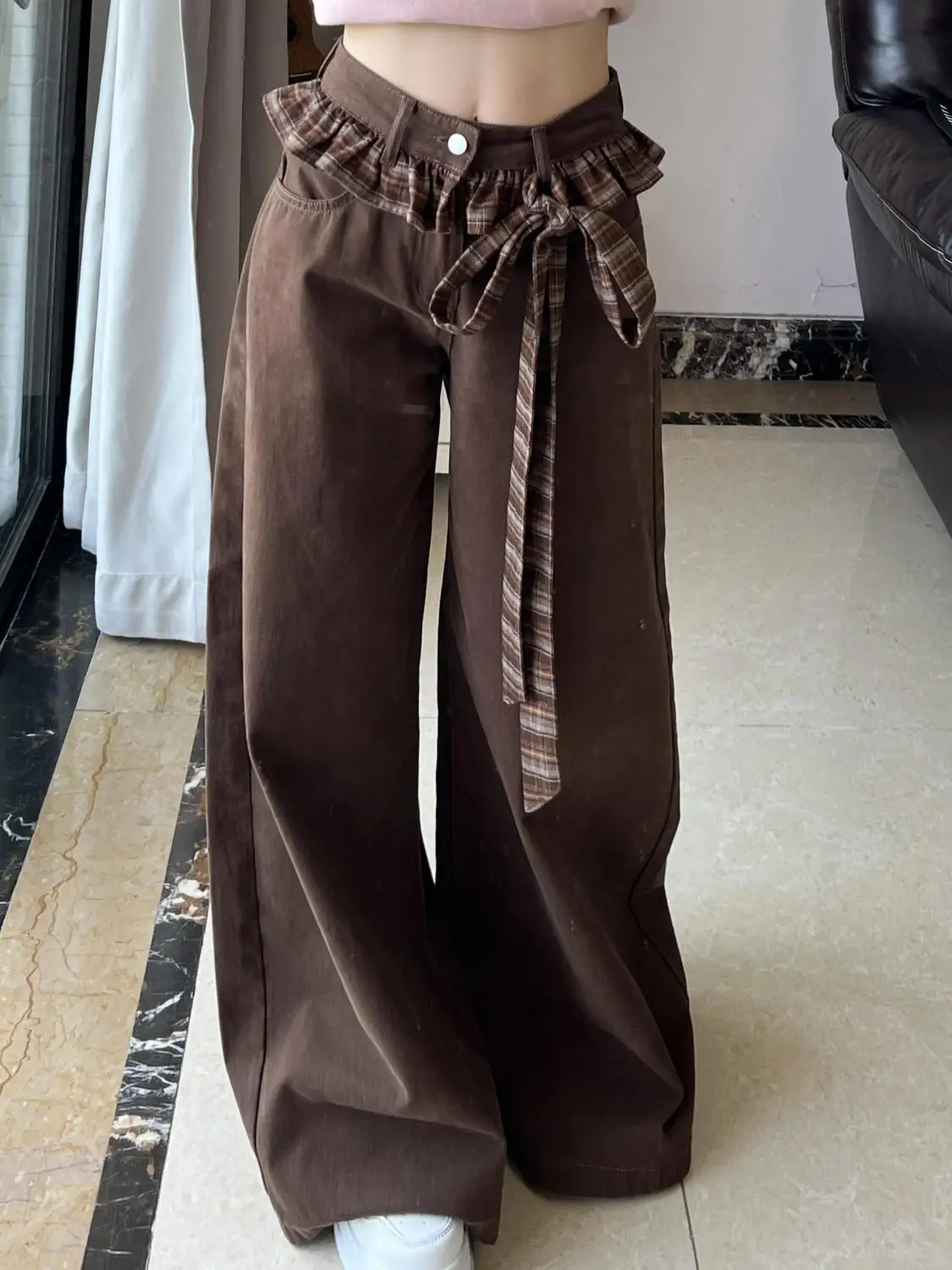 Patchwork Bow Straight Leg Jeans Women Spring High Waist Loose Wide Leg Floor Length Pants