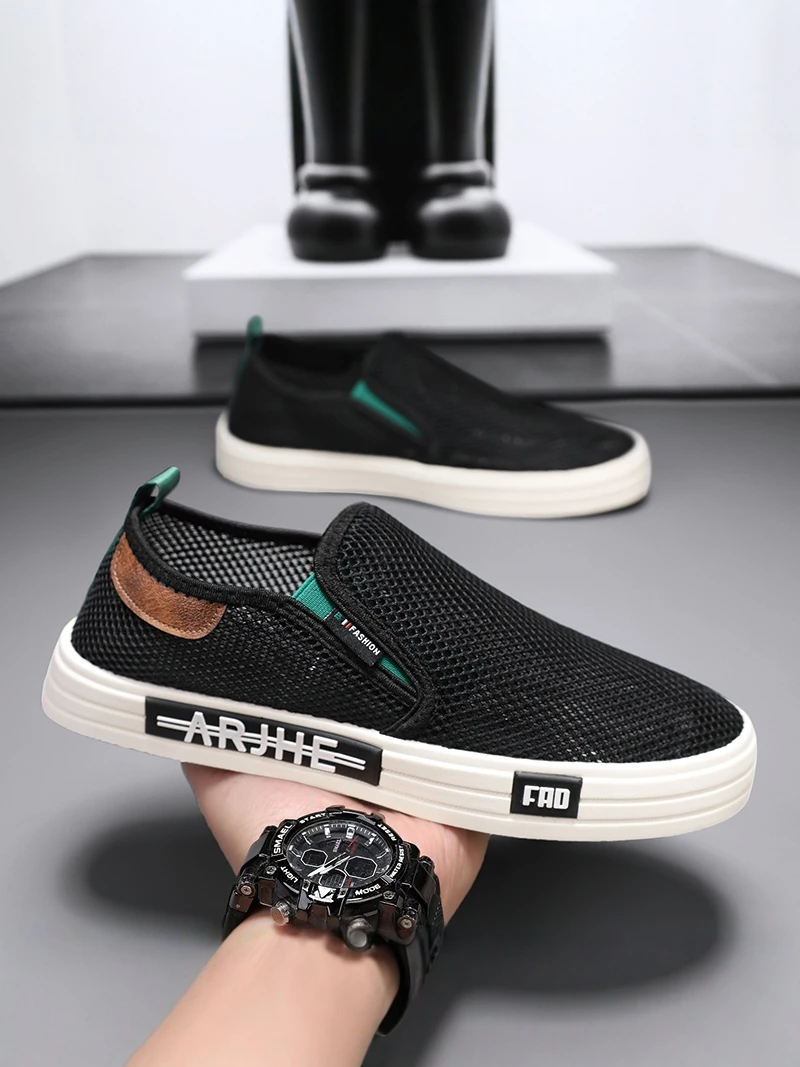 Lightweight Breathable Men's Canvas Shoes Summer Casual Low Cut Slip-On Flat Heel round Toe Rubber Bottom Airy Mesh Paneling