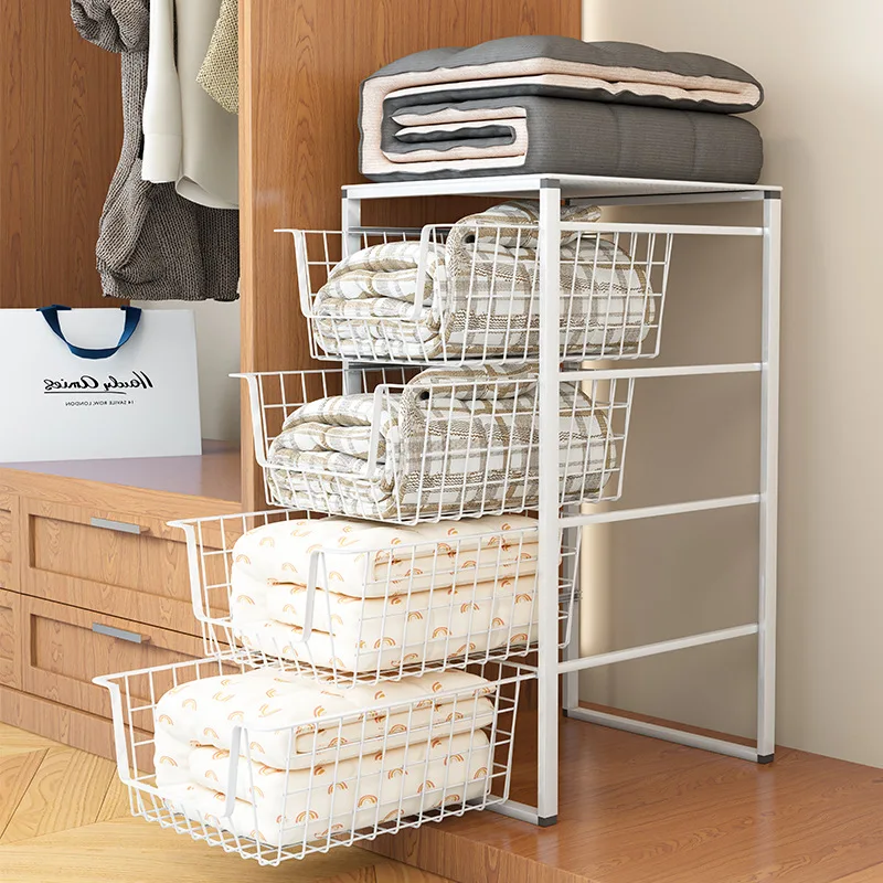 Pull-Out Carbon Steel Closet Storage Basket Rack Two To Four Tier Options Bedding Seasonal Clothes Organization