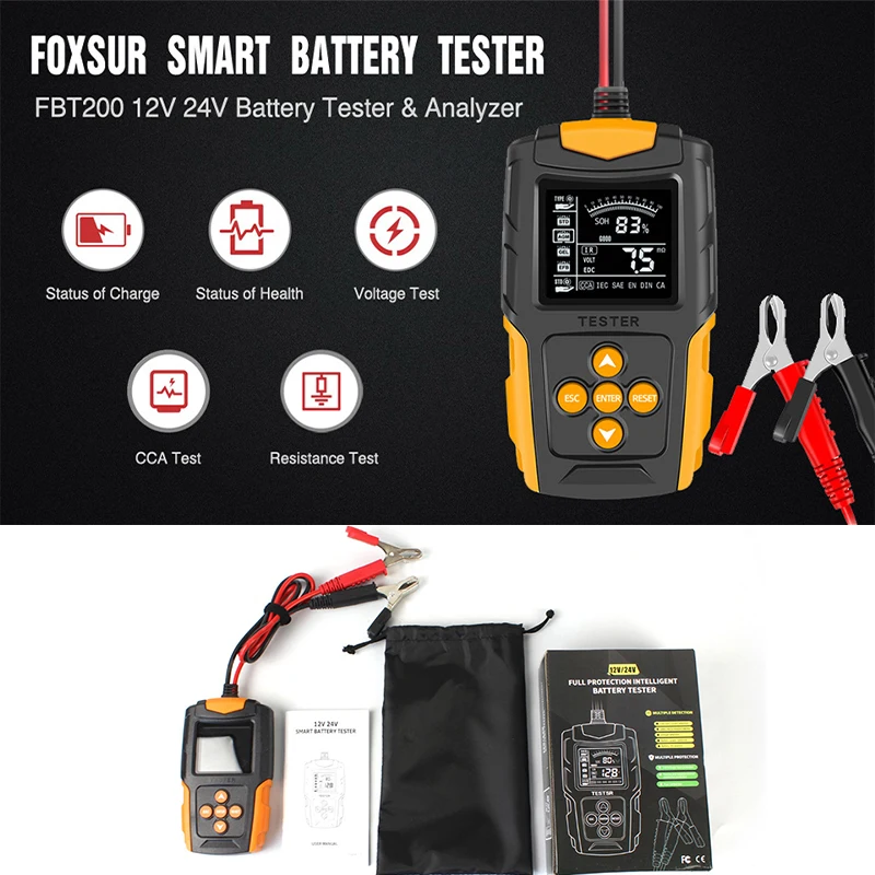 Car Battery Tester 12V 24V Universal Motorcycle Battery Analyzer CCA IR SOH Load Tester LCD Vehicle Cranking Charging Scanner