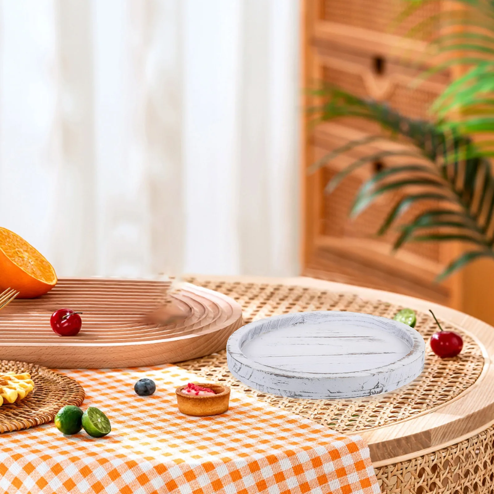 

Wooden Tray Round Decorative Serving Tray Vintage White Kitchen Living Room Storage Fruit Plate Platter Dinner Plates