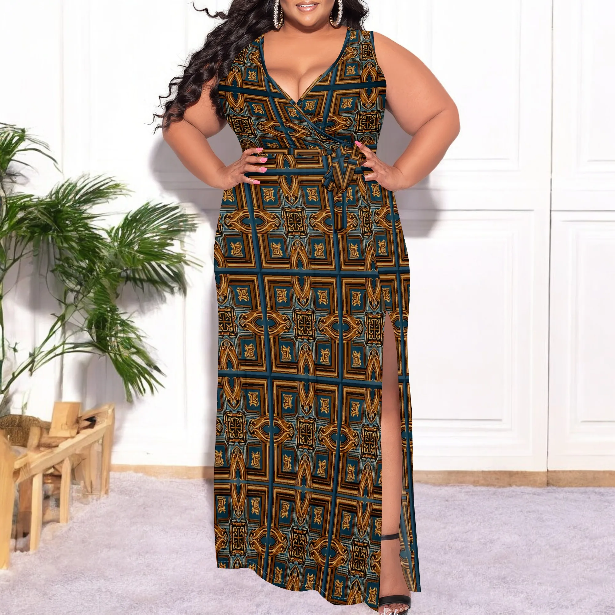 

Plus Size Women's Geometric Print V-Neck Maxi Dress, Sleeveless Slit Party Dress, Elegant Evening Gown for Cocktail, XL-6XL