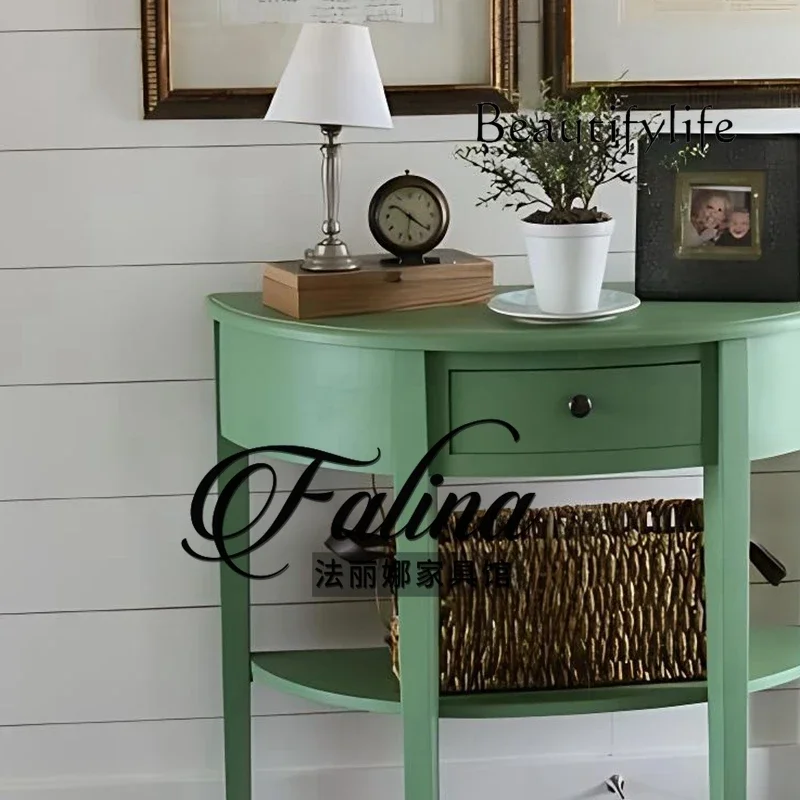 

yj58 American solid wood porch table semi-round European sofa back a few foyer porch cabinet retro double shelf