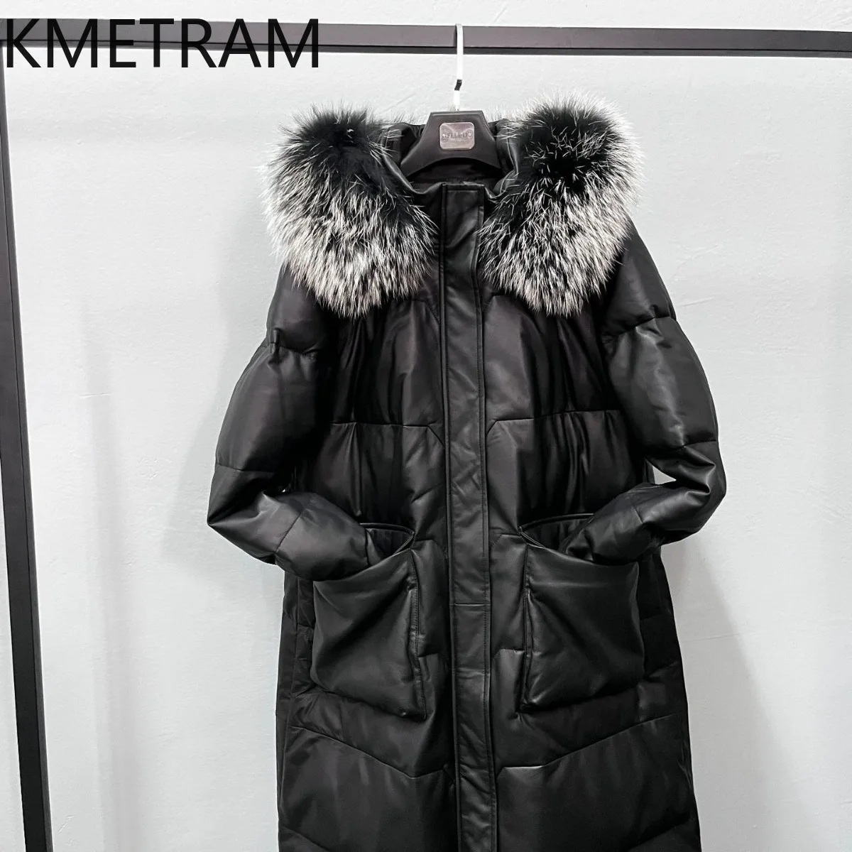 100% Sheepskin Puffer Jacket Women High Quality Genuine Leather Long Down Coats with Hood Raccoon Fur Collar 2025 Winter Clothes