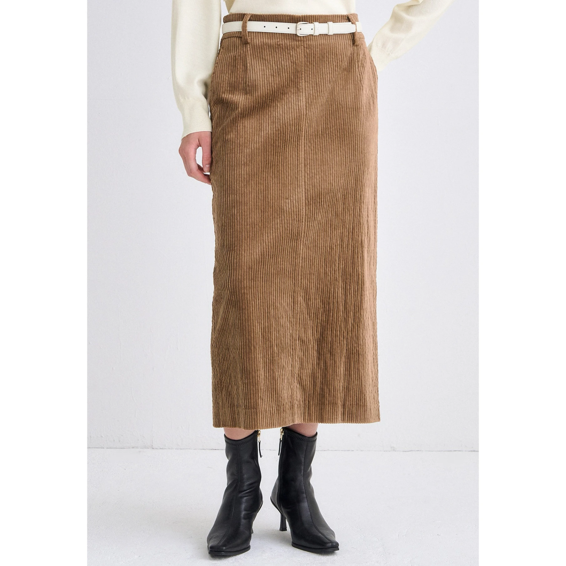Lemon Cheese TIM25 Winter Casual Pleated Corduroy High Waist Long f Skirt Belt Ci Commute Sle Straight Tube Silhouette