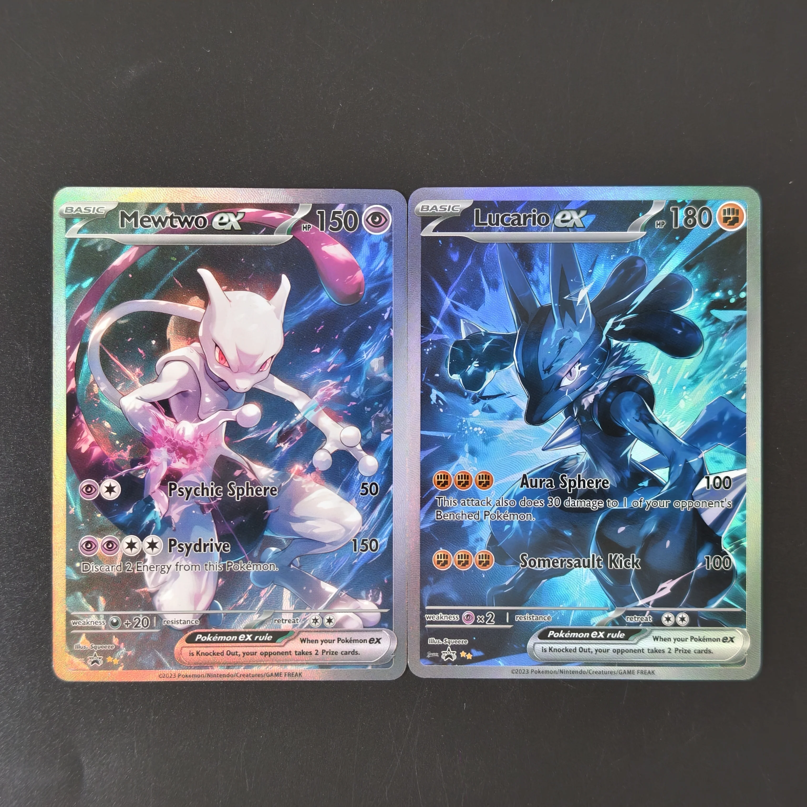 English PTCG Pokemon Cards Lucario EX Mewtwo EX Blue Ice Splash Background Full Art Textured Rainbow Holo DIY Self Made Cards view 3