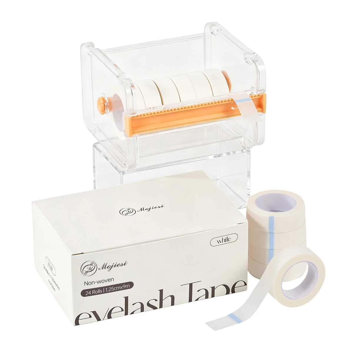 24 Rolls Eyelash Extension Tape with Acrylic Dispenser, Breathable Non-Woven White Lash Tape & Transparent Multi-Roll Cutter