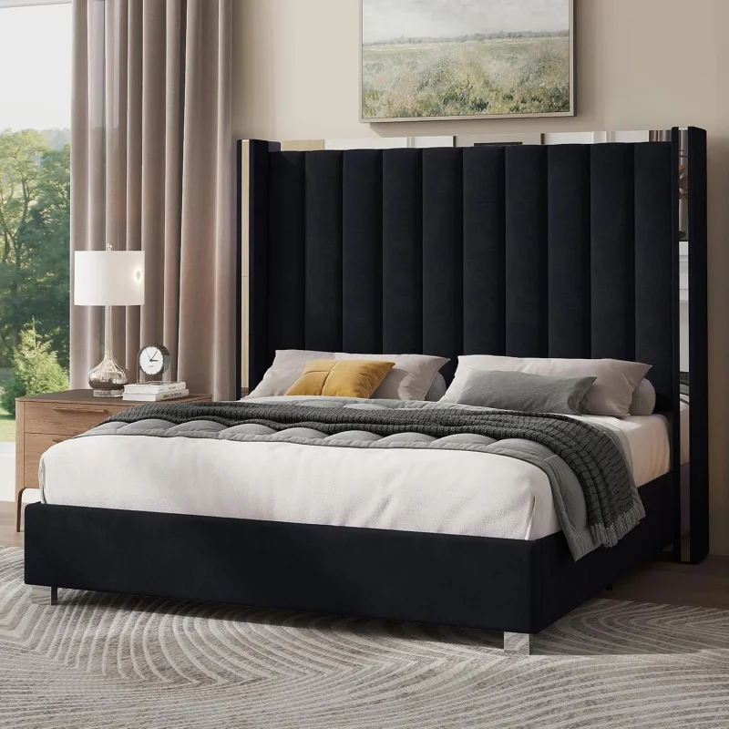 

Black Size Modern Velvet Bed Frame, 58 Tall Elegant Channel Tufted Wingback Headboard with Plating Trim