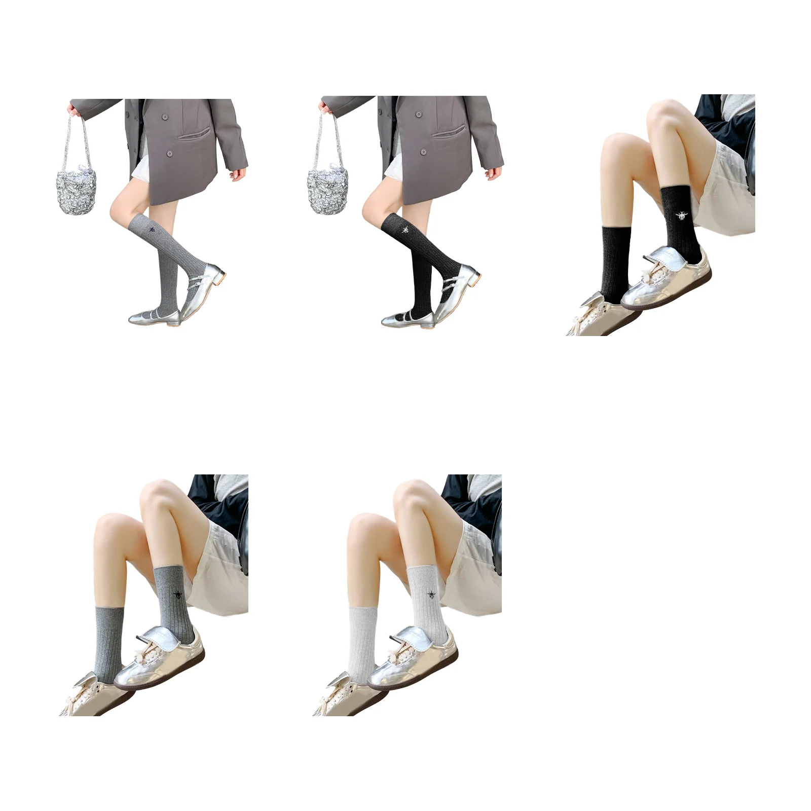 

Embroidered vertical striped double-needle mid-calf socks set (grey/black/white calf + mid-calf 5 pairs combination)