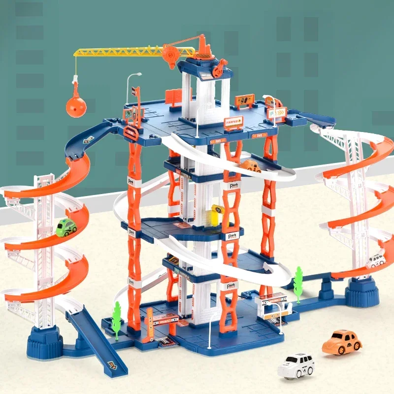 Parcheggio per binari ferroviari per bambini Edificio a 5 strati Doppio diapositiva Giocattolo di parcheggio fai-da-te Slot per assemblaggio di auto da città Garage Giocattoli per bambini Regalo